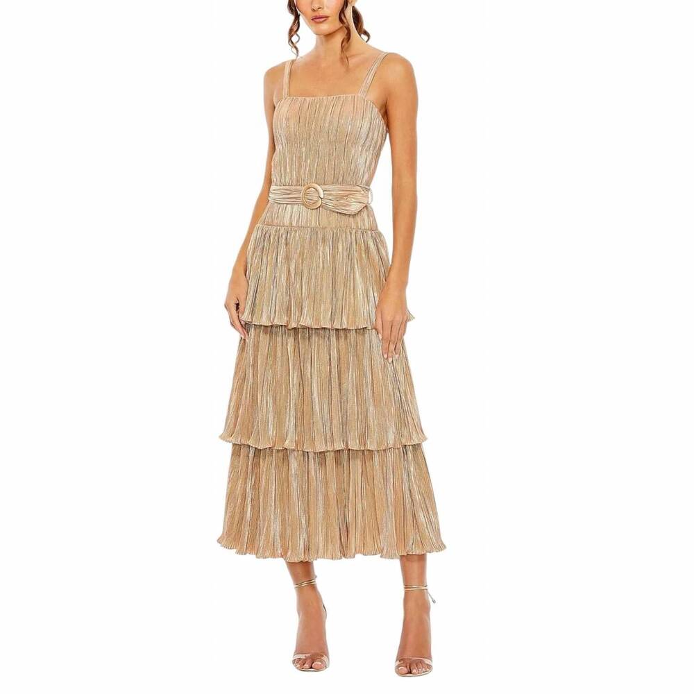 NEW MAC DUGGAL women's ruffle tiered dress in gold